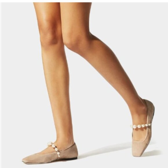 FOWT Nude Square Toe Slip on Flats Pearl Studded Strap Pumps Wedding Shoes - Picture 1 of 8